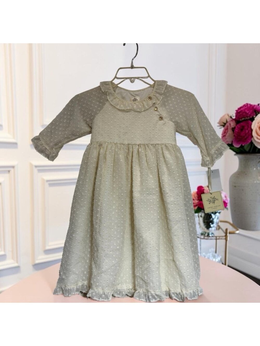 NEW Laura Ashley Dress Dotted Swiss Cream Lined Girls Sz 6 Ruffled Cottagecore